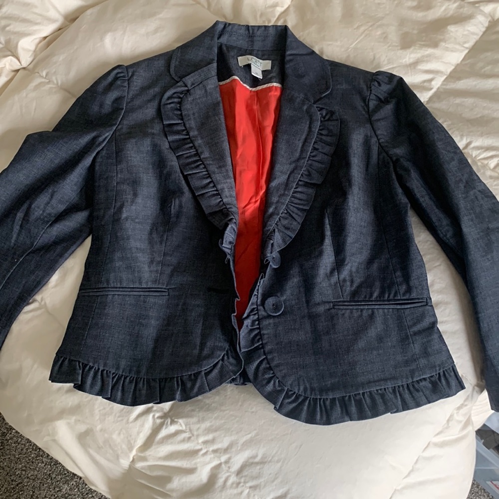 LOFT Petite Gray Ruffled Suit Blazer